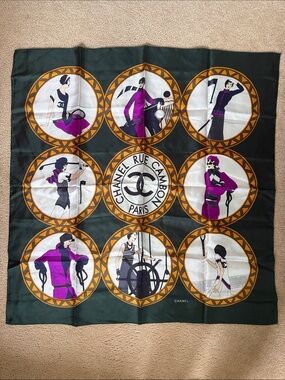 CHANEL Silk Scarf with Green, Purple & Gold Graphic Medallions
